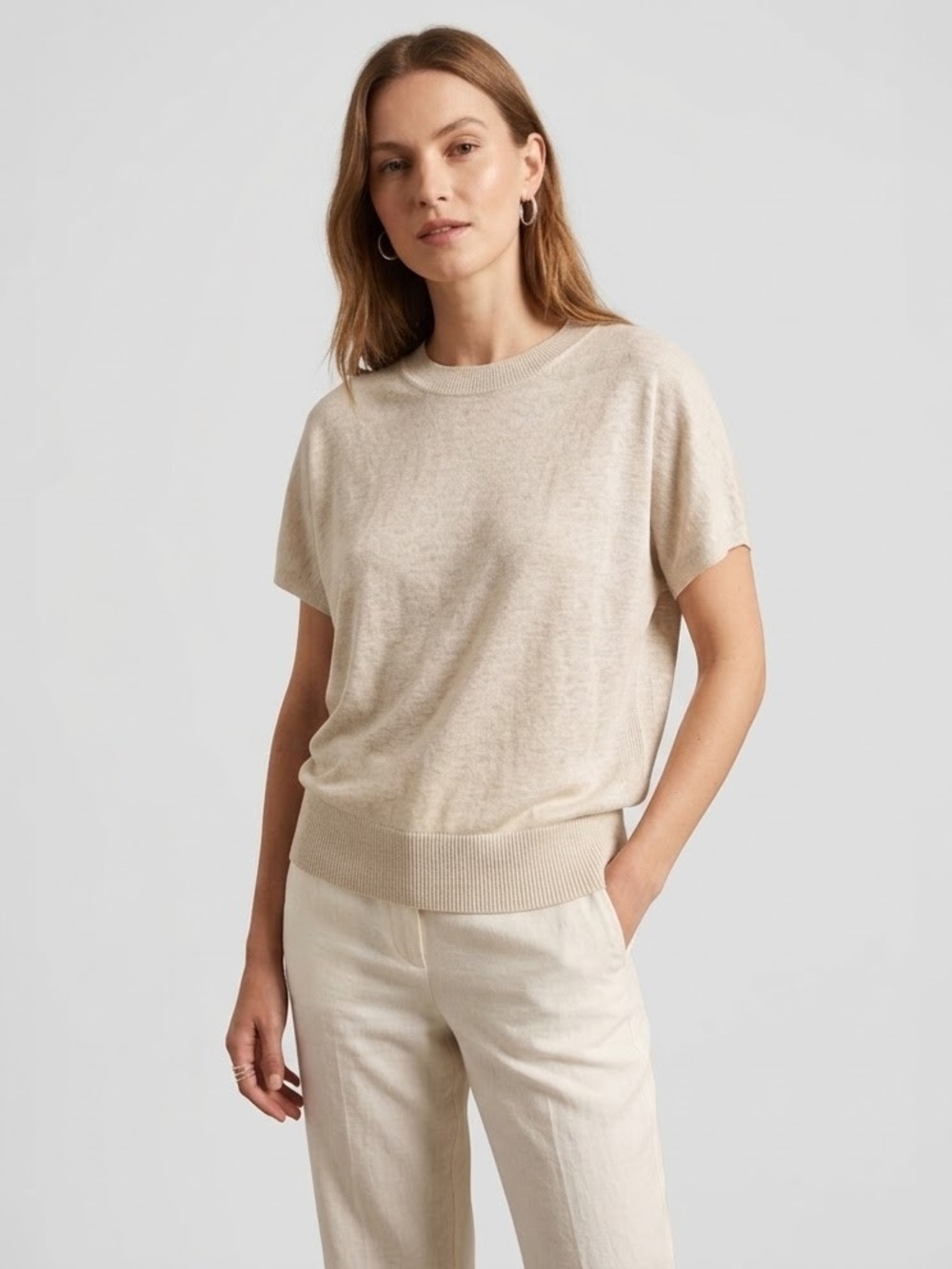 BANANA REPUBLIC Beige Linen-blend Short Sleeve Knit Top Quiet Luxury Minimalist